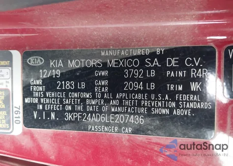 2020 Kia Forte Lxs из США, поврежденный, VIN 3KPF24AD6LE207436